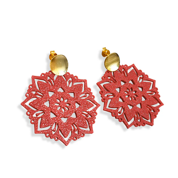 Aros Flor Mandala Rojo PLA Tope Enchapado Oro 18K 3