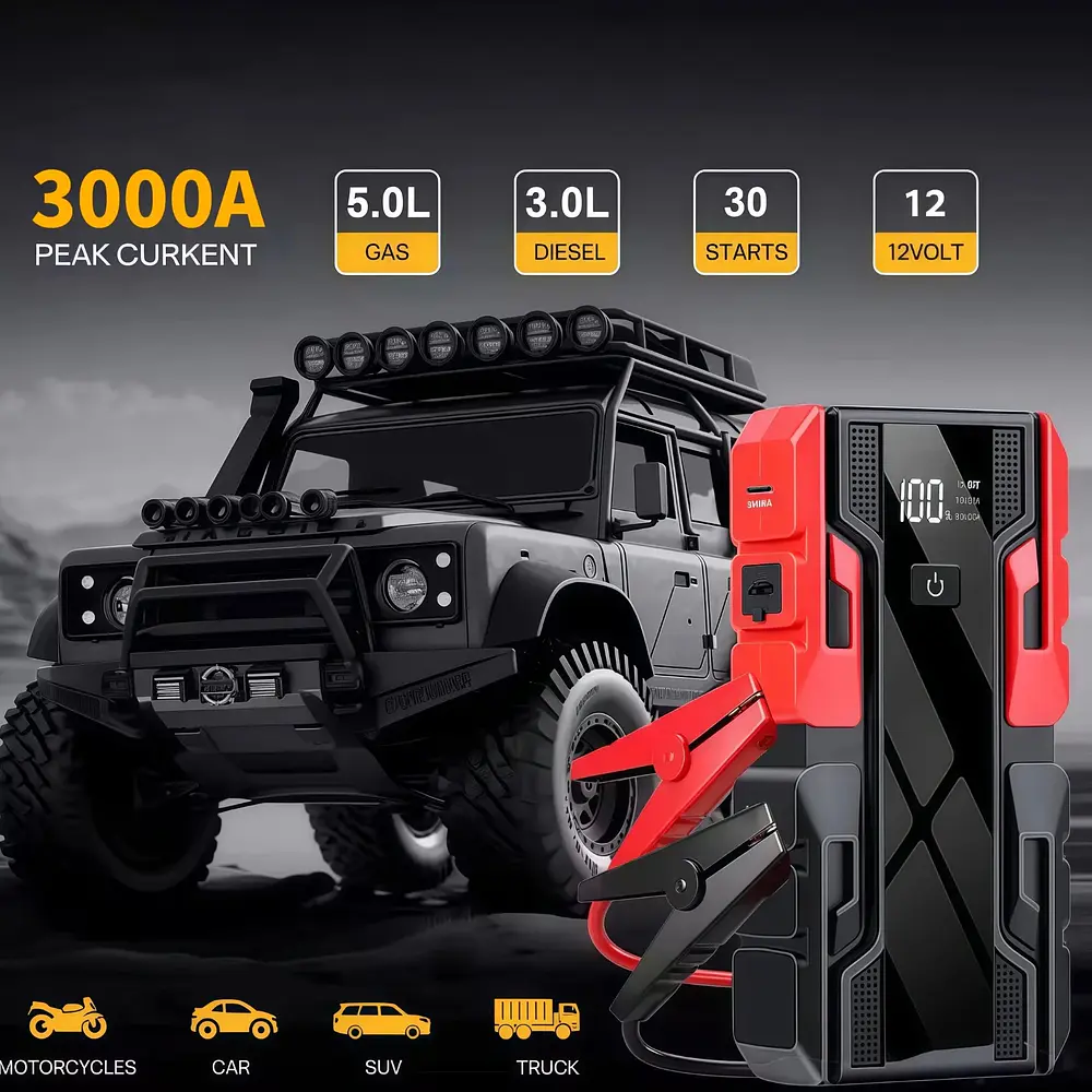 Arrancador de Coches de 12V, Banco de Energía Portátil de 99800mAh con Pico de 3000A, Potenciador de Batería de Auto de 12V con Pantalla LCD, Luz LED de Emergencia 2