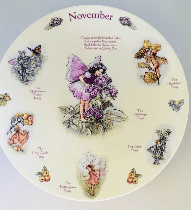 Coalport, Inglaterra, serie 'Un calendario de hadas de las flores', Noviembre, 2002, 20,5 cm