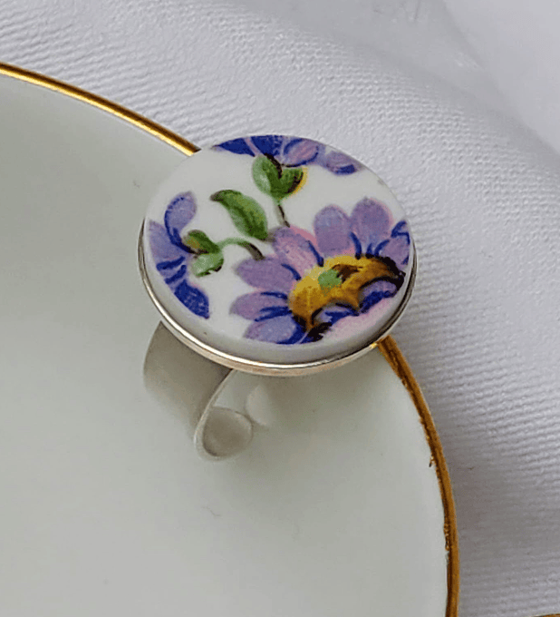 Anillo de plata & porcelana, 'Margaritas'