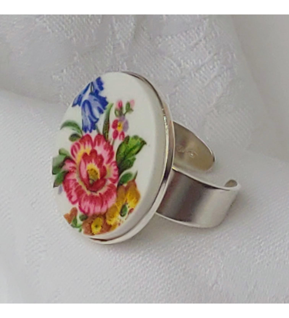 Anillo de porcelana & plata, 'Bouquet'