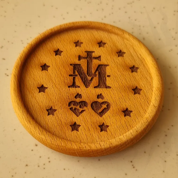 Porta Rosario de Madera - Grabado Mariano con Sagrados Corazones 1