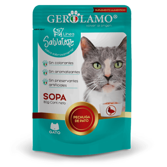 Alimento húmedo Sopa para gatos Gerolamo Salvatore pato