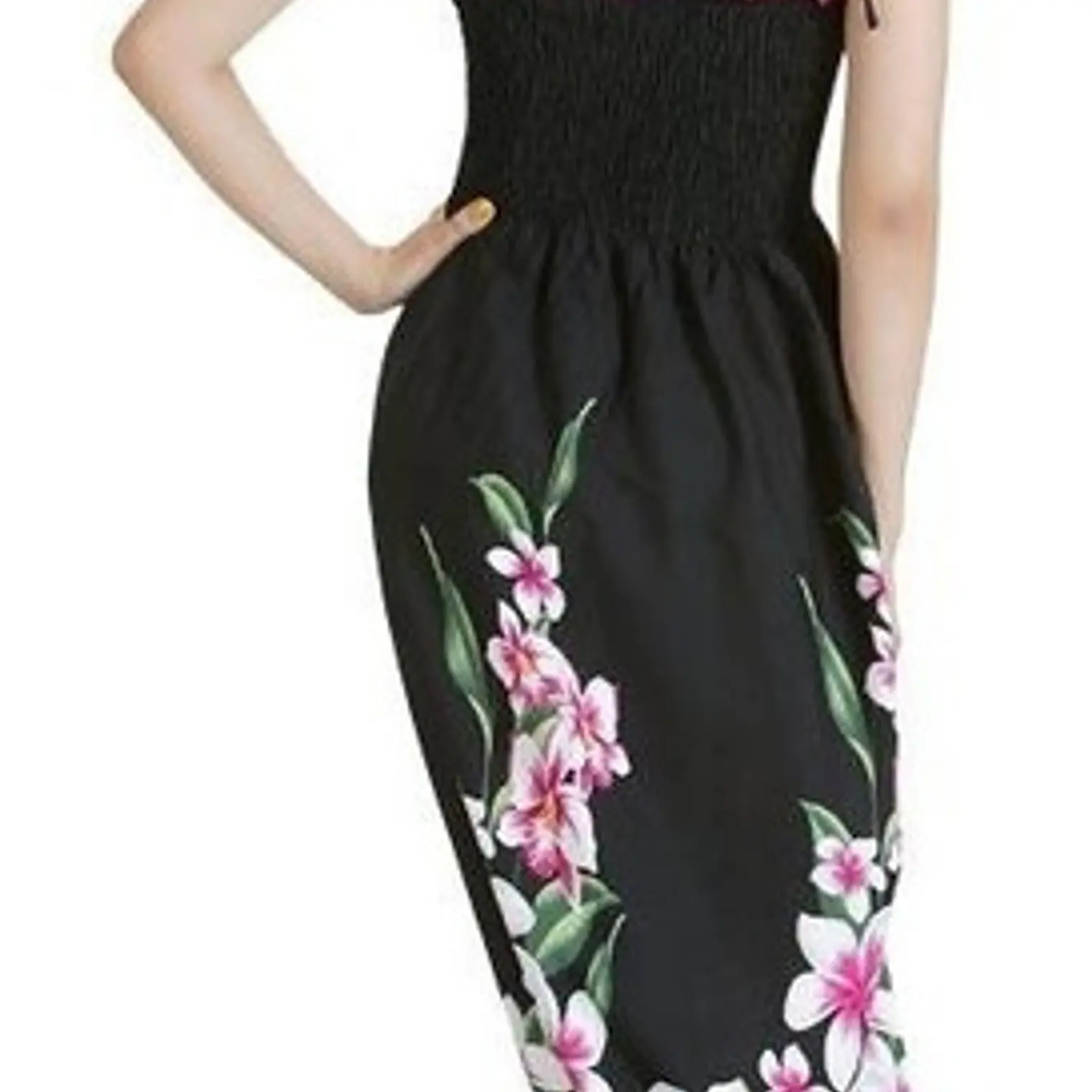 Vestido Largo negro Frangipani blanco con fucsia Hawai talla Unica Ajustable  2
