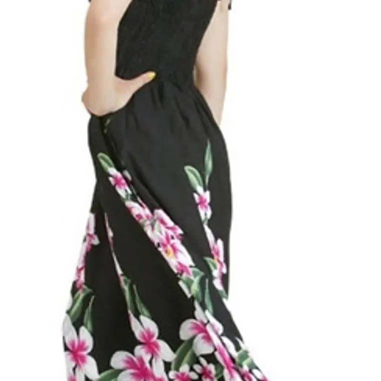 Vestido Largo negro Frangipani blanco con fucsia Hawai talla Unica Ajustable  1