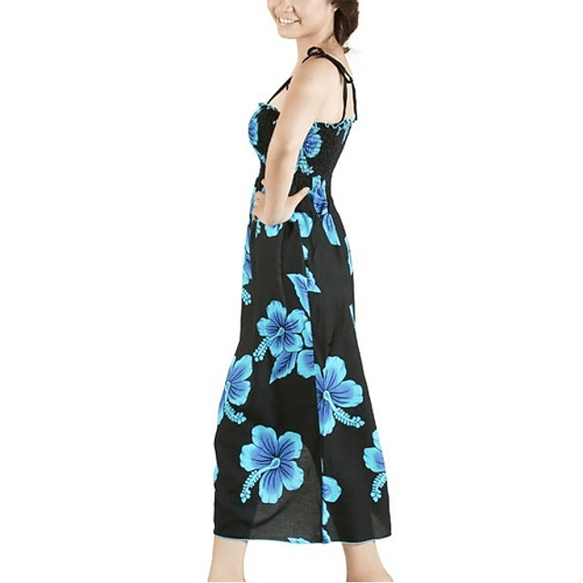 Vestido Negro con Hibisco Azul Hawaii talla unica Ajustable