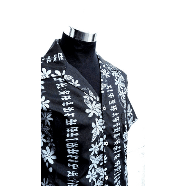 Camisa Polinésica Taukiani Negra con rongo rongo gris