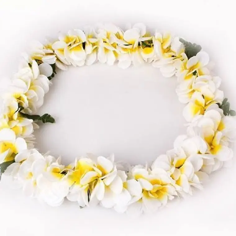 Collar Polinésico lei de Flores Tipanie blancas con amarillo 1