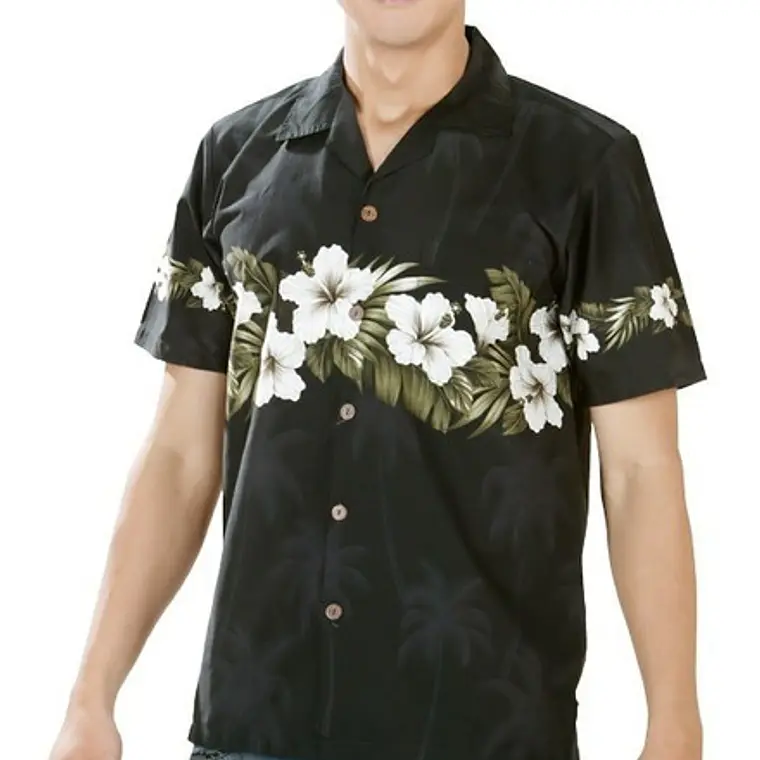 Camisa Polinesica Negra Con Hibisco Y Hojas   1