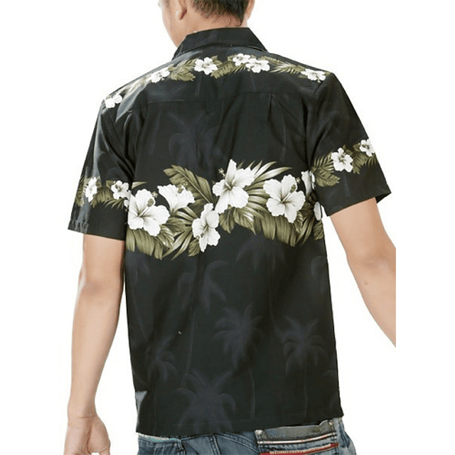 Camisa Polinesica Negra Con Hibisco Y Hojas  