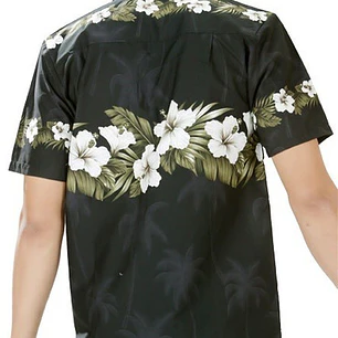 Camisa Polinesica Negra Con Hibisco Y Hojas  