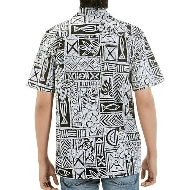 Camisa Polinesica Color Gris Con iconografia Hawaii Color Negro 