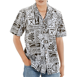 Camisa Polinesica Color Gris Con iconografia Hawaii Color Negro 