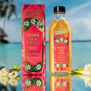 Hidratante Oro Tiaré Monoi Tiki Tahiti Hypnose botella de vidrio con brillitos 100ml