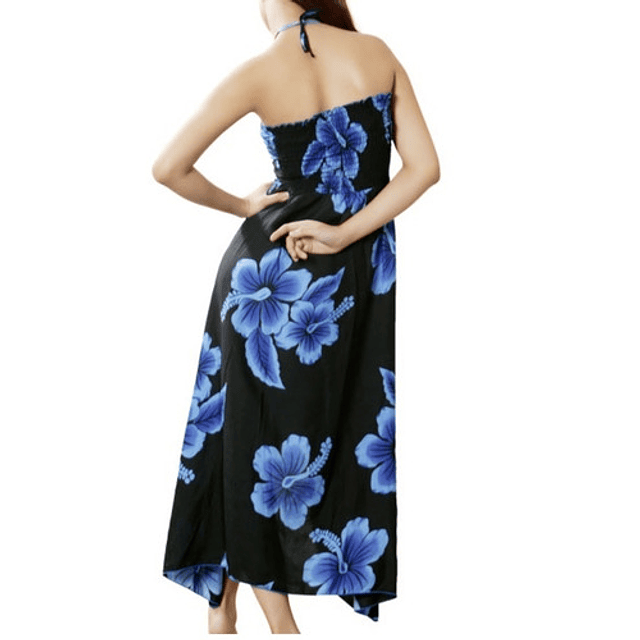 Vestido Mariposa negro con Hibisco Azul Polinesico importado desde Hawaii
