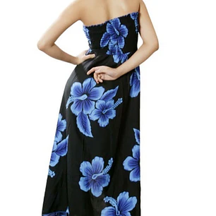Vestido Mariposa negro con Hibisco Azul Polinesico importado desde Hawaii
