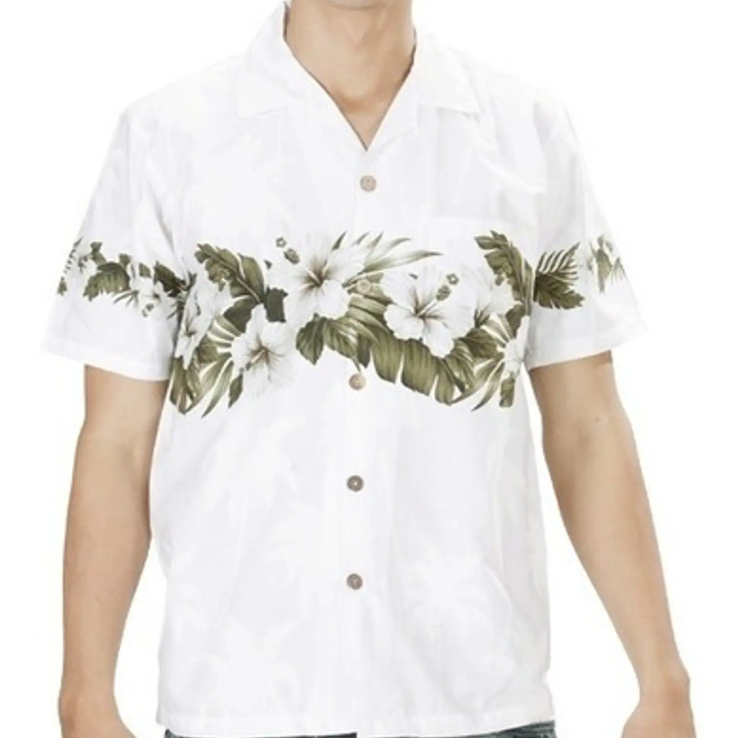 Camisa Hawaii Blanca Con Hibisco Y Hojas  1