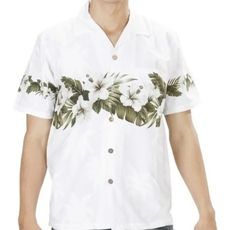 Camisa Hawaii Blanca Con Hibisco Y Hojas  1