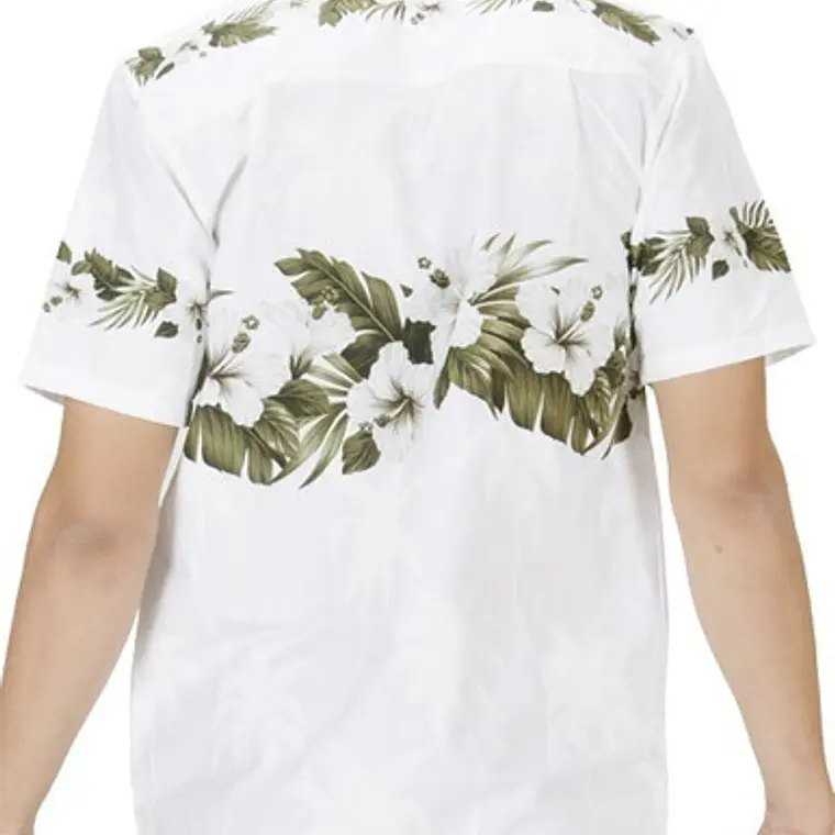 Camisa Hawaii Blanca Con Hibisco Y Hojas  2