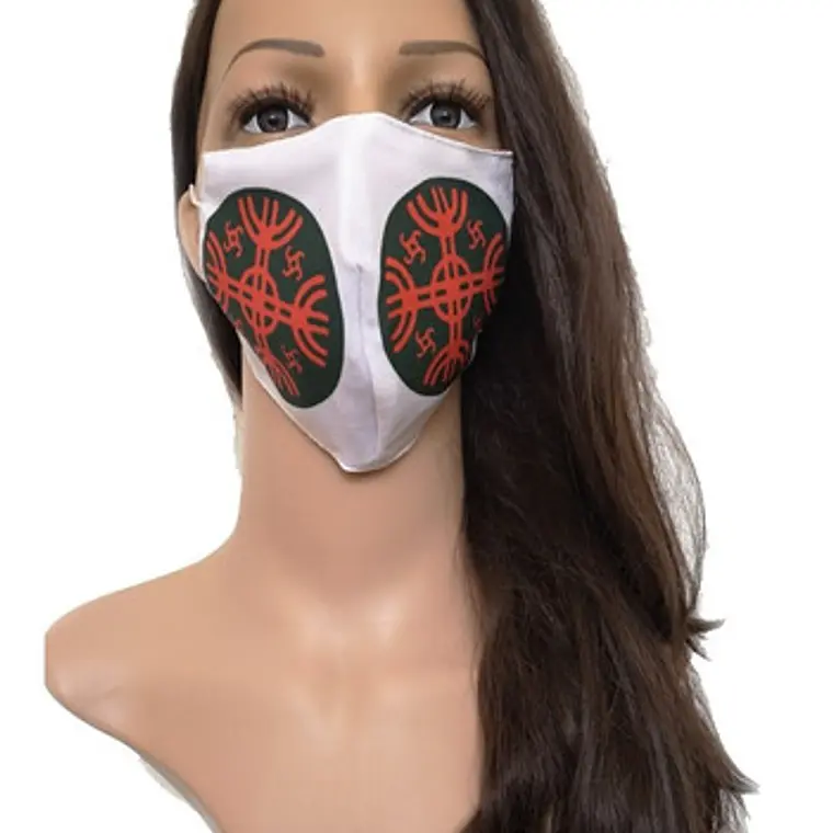 Mascarilla Doble Tela Diseño Mapuche Kultrun Naranjo Verde 2