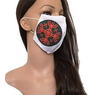 Mascarilla Doble Tela Diseño Mapuche Kultrun Naranjo Verde