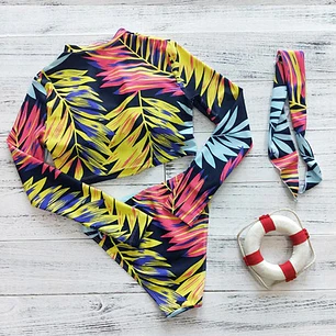 Bikini Con Manga Larga Para Mujer Con Estampado De Hojas