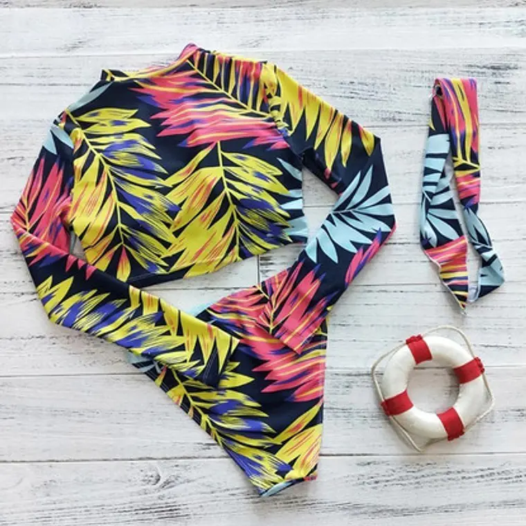 Bikini Con Manga Larga Para Mujer Con Estampado De Hojas 2
