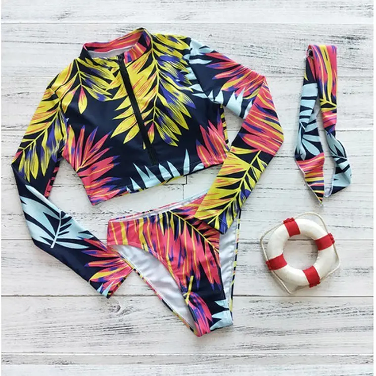 Bikini Con Manga Larga Para Mujer Con Estampado De Hojas 3