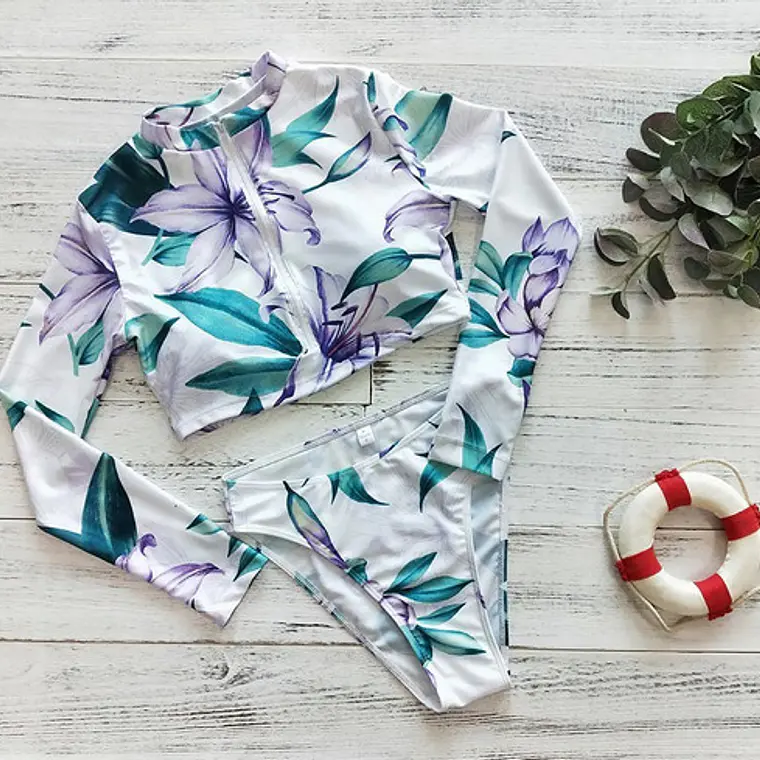 Bikini Manga Larga Blanco Con Flores Lila Y Hojas / Traje de baño 3