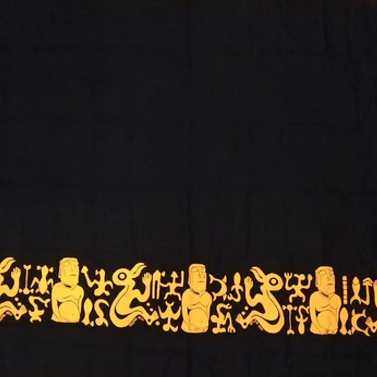 Pareo Napohe Grande Negro Con Moai Y Rongo Rongo Naranjo 2