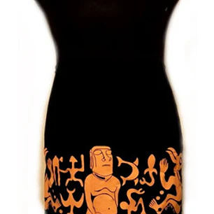 Pareo Napohe Grande Negro Con Moai Y Rongo Rongo Naranjo