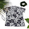 Camisa Polinesica Blanca Con Hibisco y Rongo Rongo negro