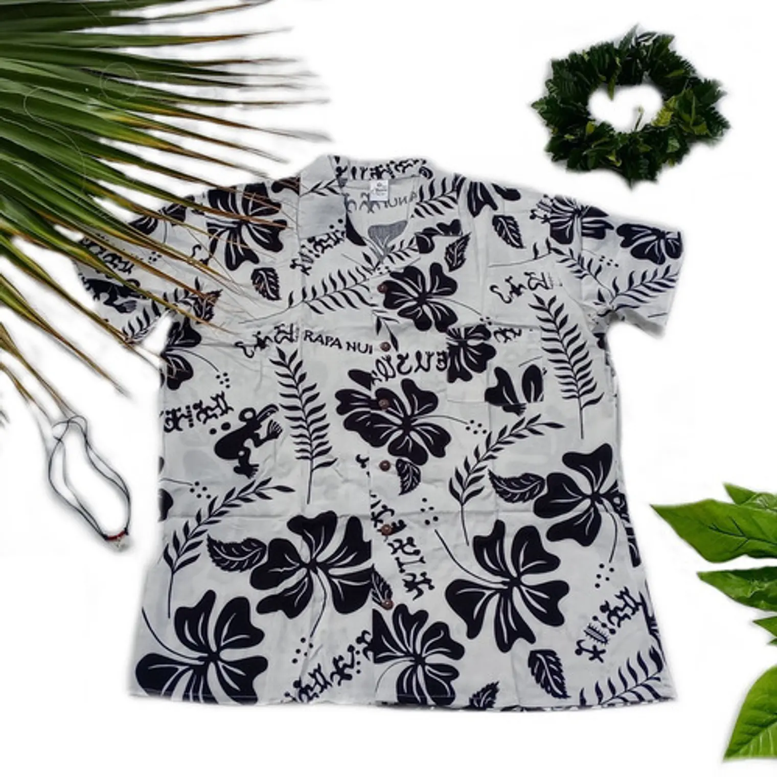 Camisa Polinesica Blanca Con Hibisco y Rongo Rongo negro 1