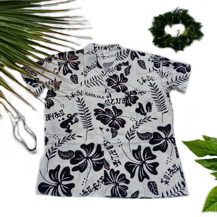 Camisa Polinesica Blanca Con Hibisco y Rongo Rongo negro 1