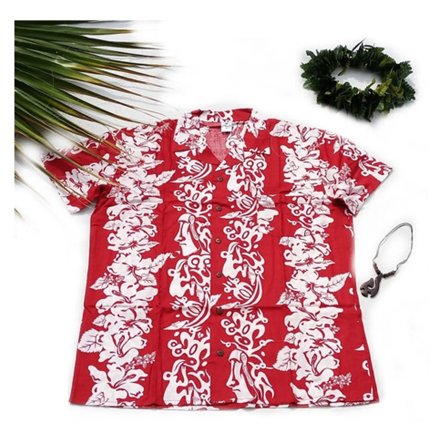 Camisa Polinesica Napohe Rojo Con franja Moai 1