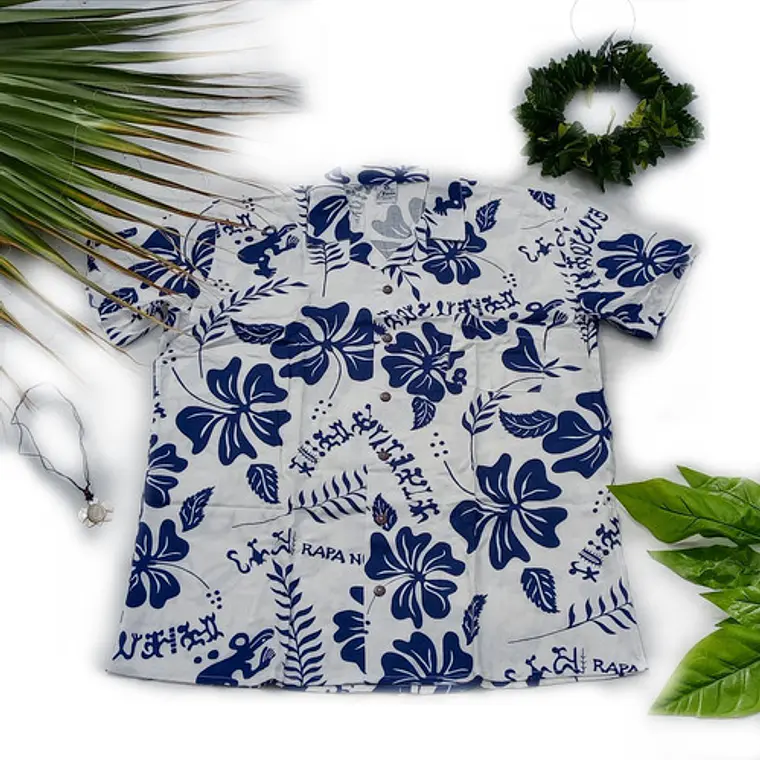 Camisa Polinesica Blanca Con Hibiscos Y Tangata Manu Azul 1