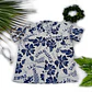 Camisa Polinesica Blanca Con Hibiscos Y Tangata Manu Azul - Miniatura 1