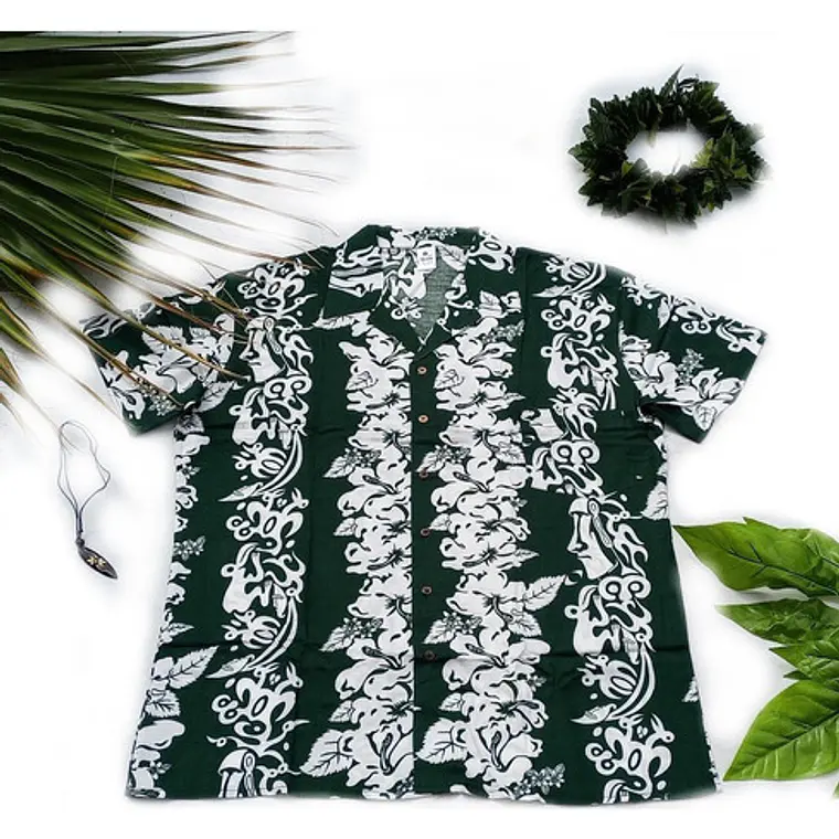 Camisa Polinesica Napohe negra Con Tangata Manu Y Moai blanco 1