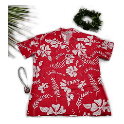 Camisa Polinesica Roja Con Hibiscos Y Tangata Manu Blanco
