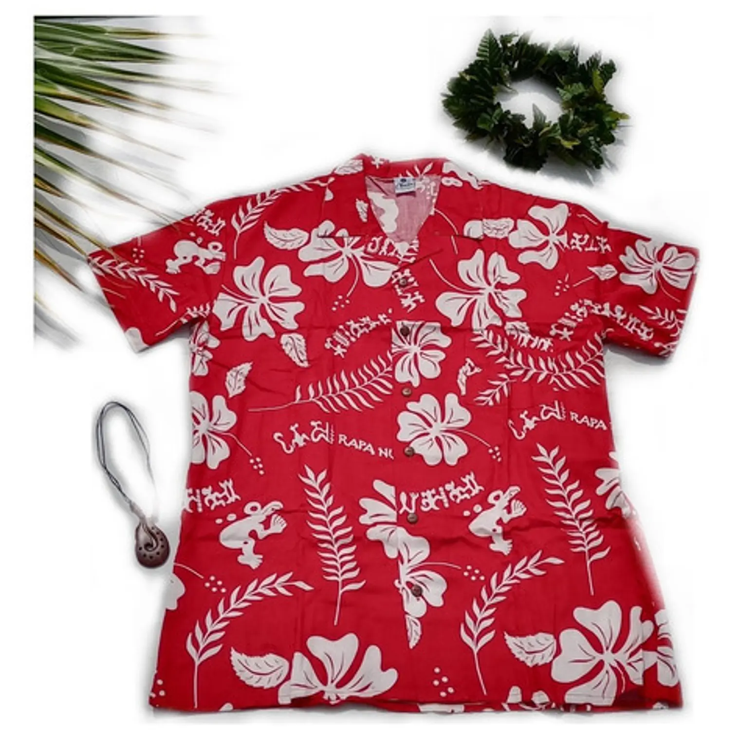 Camisa Polinesica Roja Con Hibiscos Y Tangata Manu Blanco 1