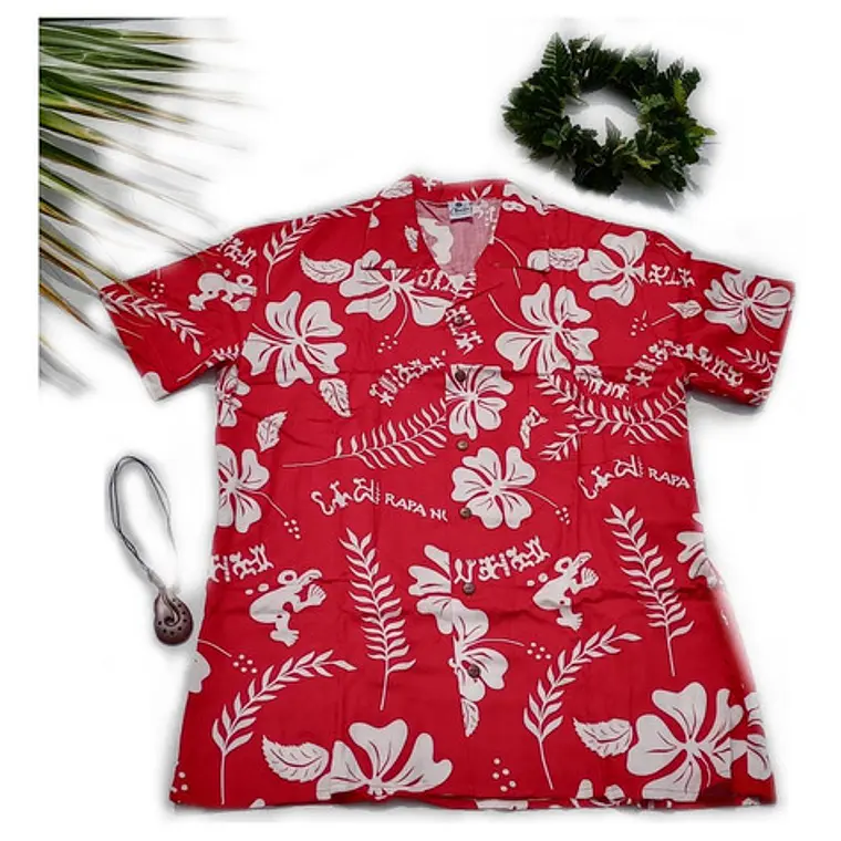 Camisa Polinesica Roja Con Hibiscos Y Tangata Manu Blanco 1