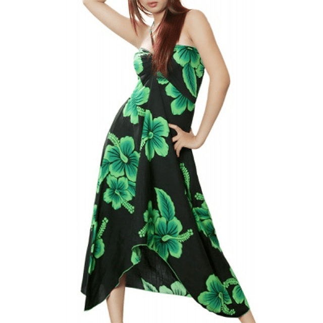Vestido Mariposa negro con Hibisco Verde Polinesico importado desde Hawaii