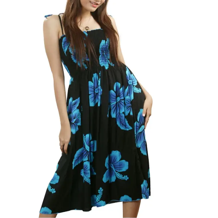 Vestido Negro con Hibisco Azul Hawaii talla unica Ajustable 1