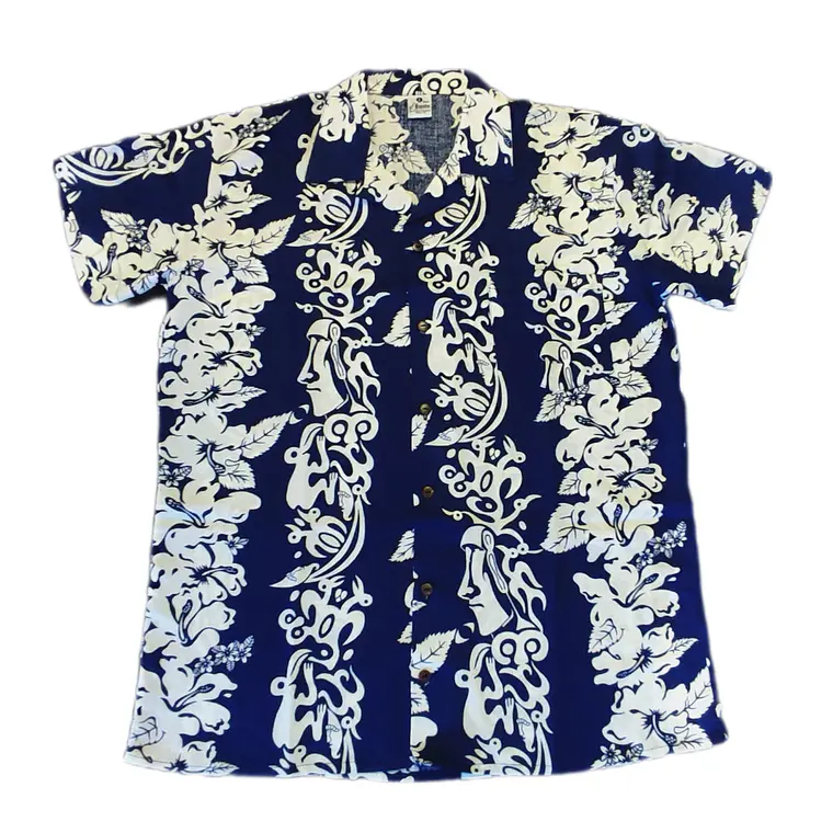Camisa Polinesica Azul franja Moai 1