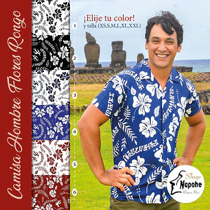 Camisa Polinesica Blanca Con Hibiscos Y Tangata Manu Rojo