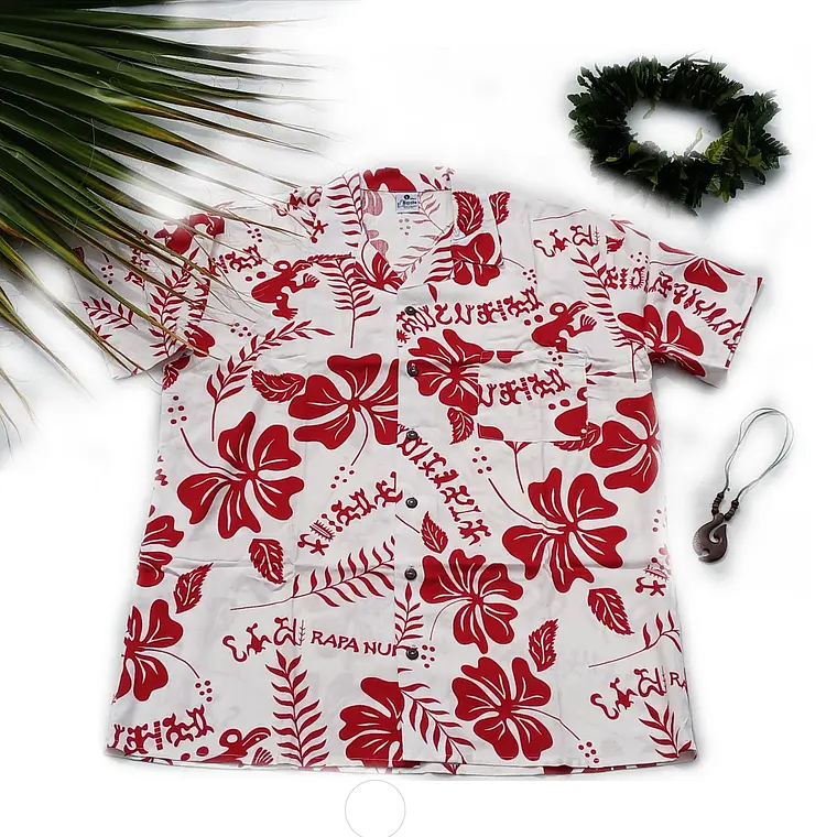 Camisa Polinesica Blanca Con Hibiscos Y Tangata Manu Rojo 1