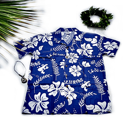 Camisa Polinesica Azul Rongo rongo Hibiscos blanco