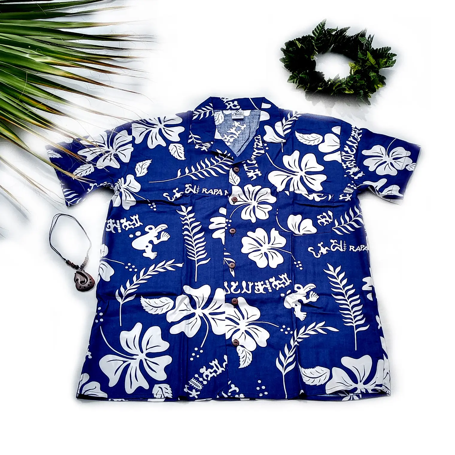 Camisa Polinesica Azul Rongo rongo Hibiscos blanco 1