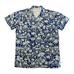 Camisa Polinesica diseño Anakena azul con blanco