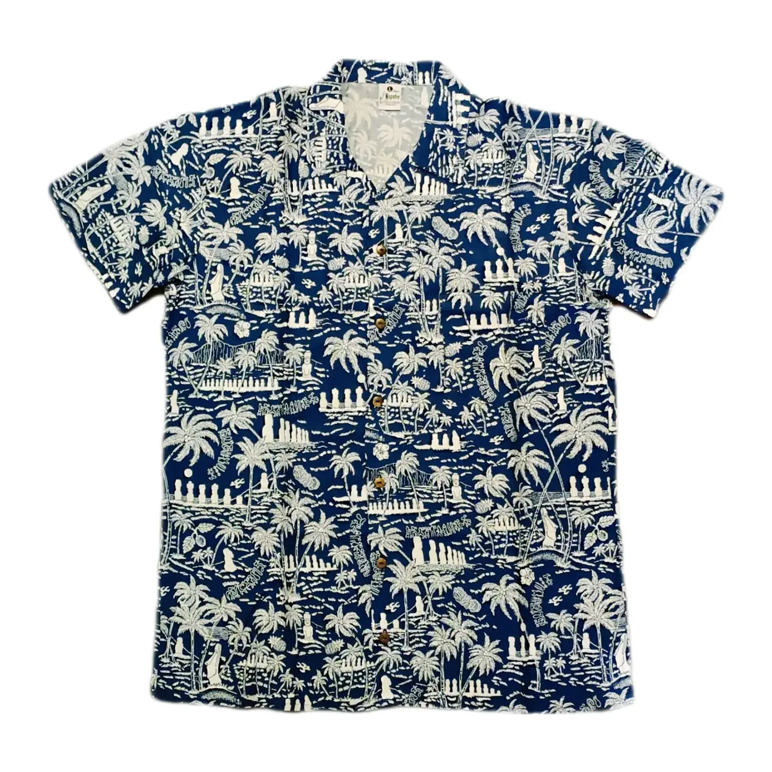 Camisa Polinesica diseño Anakena azul con blanco 1